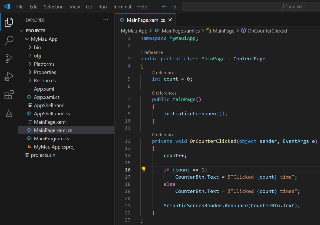 Visual Studio Code'da açılan bir C# dosyasının ekran görüntüsü.