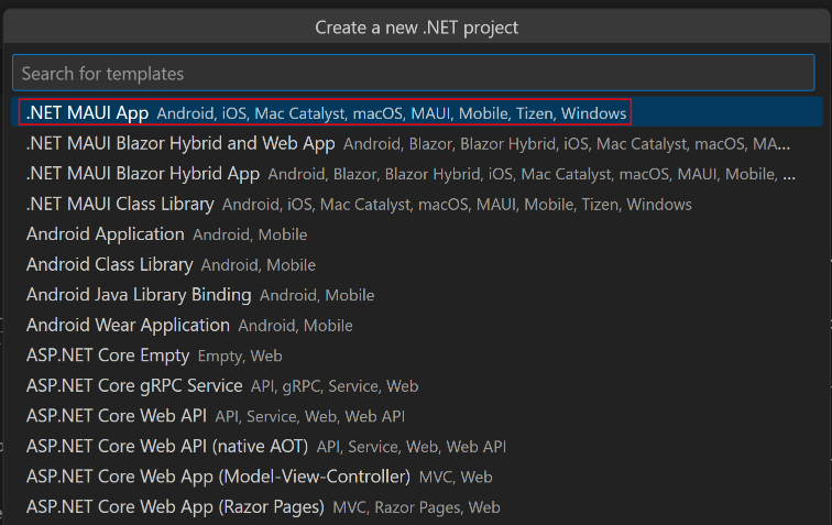 Visual Studio Code'daki komut paletinde .NET MAUI Uygulama şablonunu seçme işleminin ekran görüntüsü.