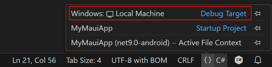 Visual Studio Code'da Windows olarak ayarlanmış hata ayıklama hedefinin ekran görüntüsü.