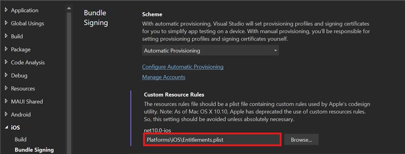 Visual Studio özel yetkilendirmeleri alan kümesi.