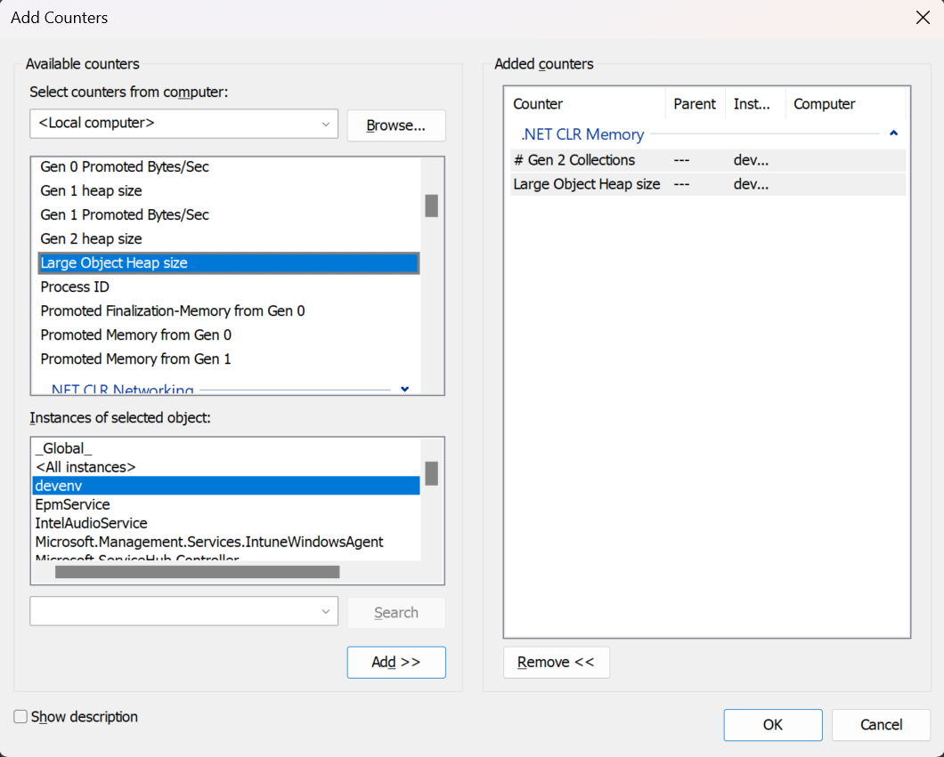 Screenshot that shows adding counters in Performance Monitor.