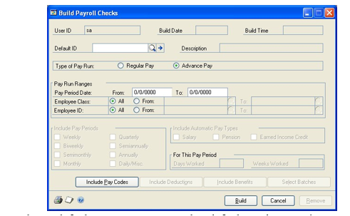 Screenshot of the Build Payroll Checks window.