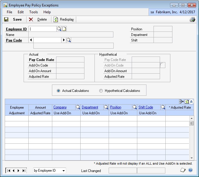 Screenshot of the Employee Pay Policy Exceptions window.