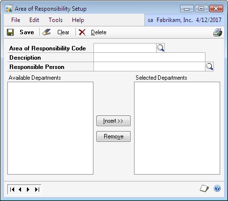 Screenshot of the Area of Responsibility Setup window.