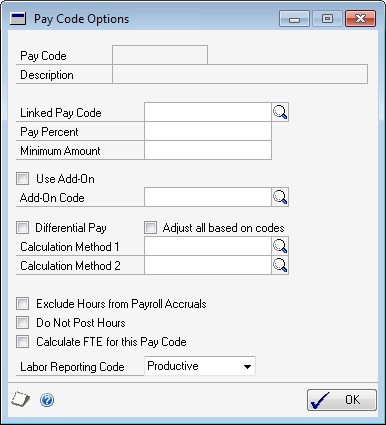 Screenshot of the Pay Code Options window.