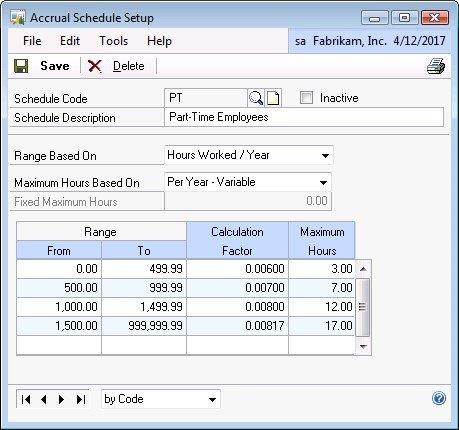 Screenshot of the Accrual Schedule Setup window.