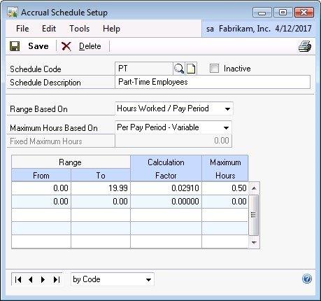 Screenshot that shows the Accrual Schedule Setup window.