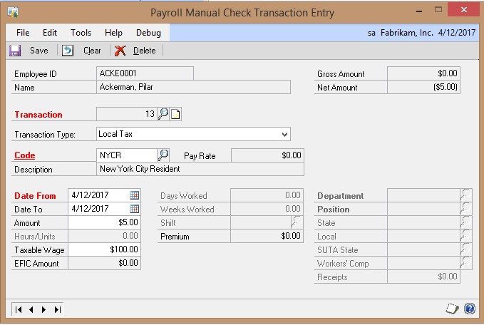 Screenshot of the Payroll Manual Check Transaction Entry window, showing Local Tax selected as the transaction type.