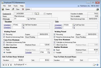Screenshot that shows the Employee PTO Maintenance window.
