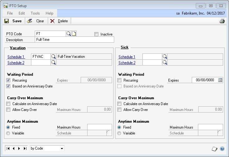 Screenshot of the PTO Setup window.