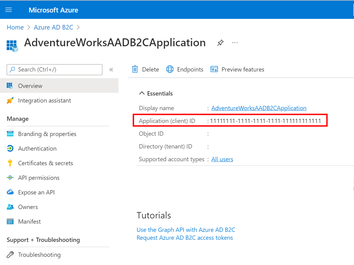 Microsoft Entra ID B2C - App registrations overview page with the Application (client) ID highlighted