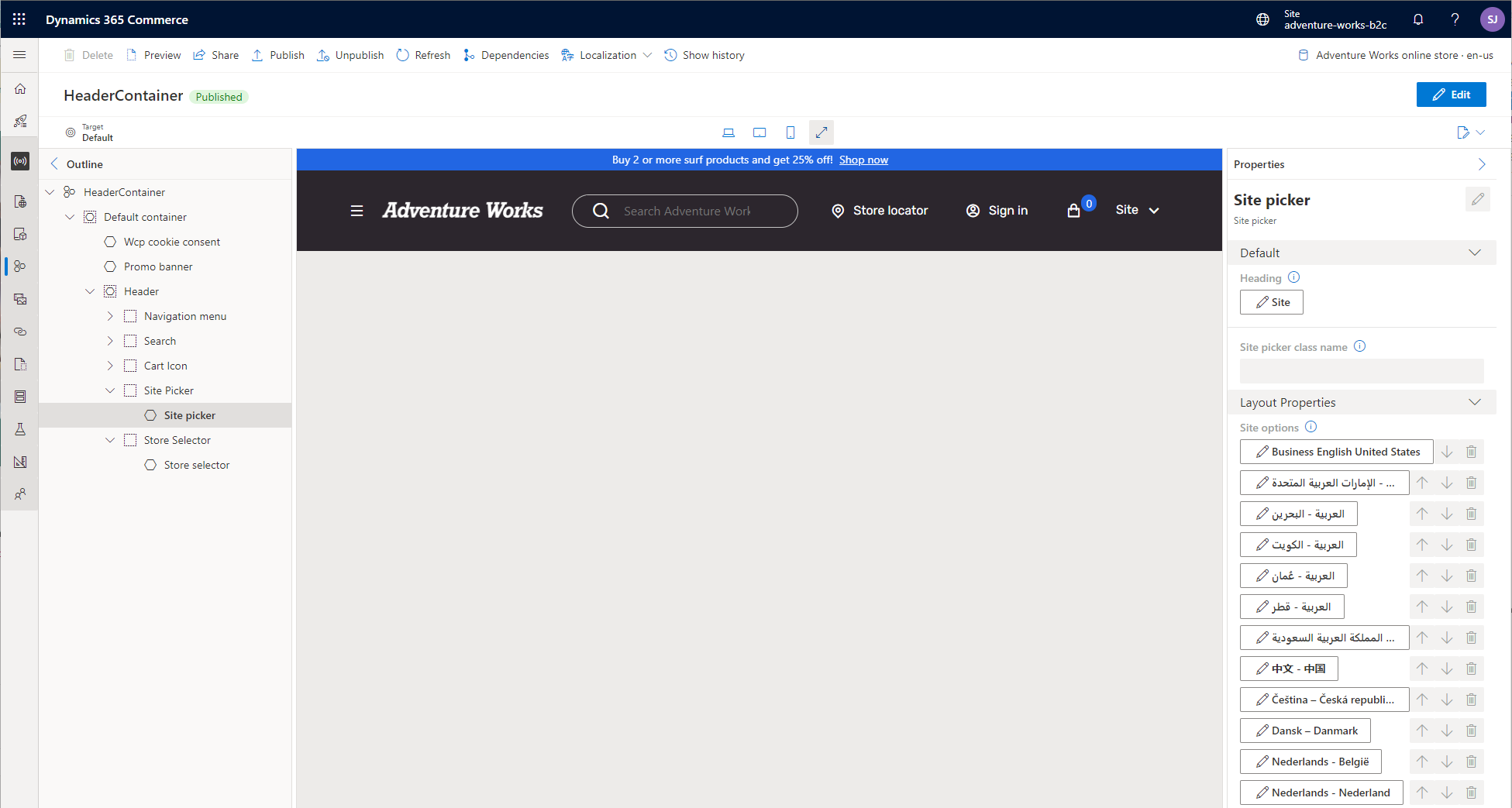 Üst bilgi parçasındaki bir site seçici modülünün ekran görüntüsü.