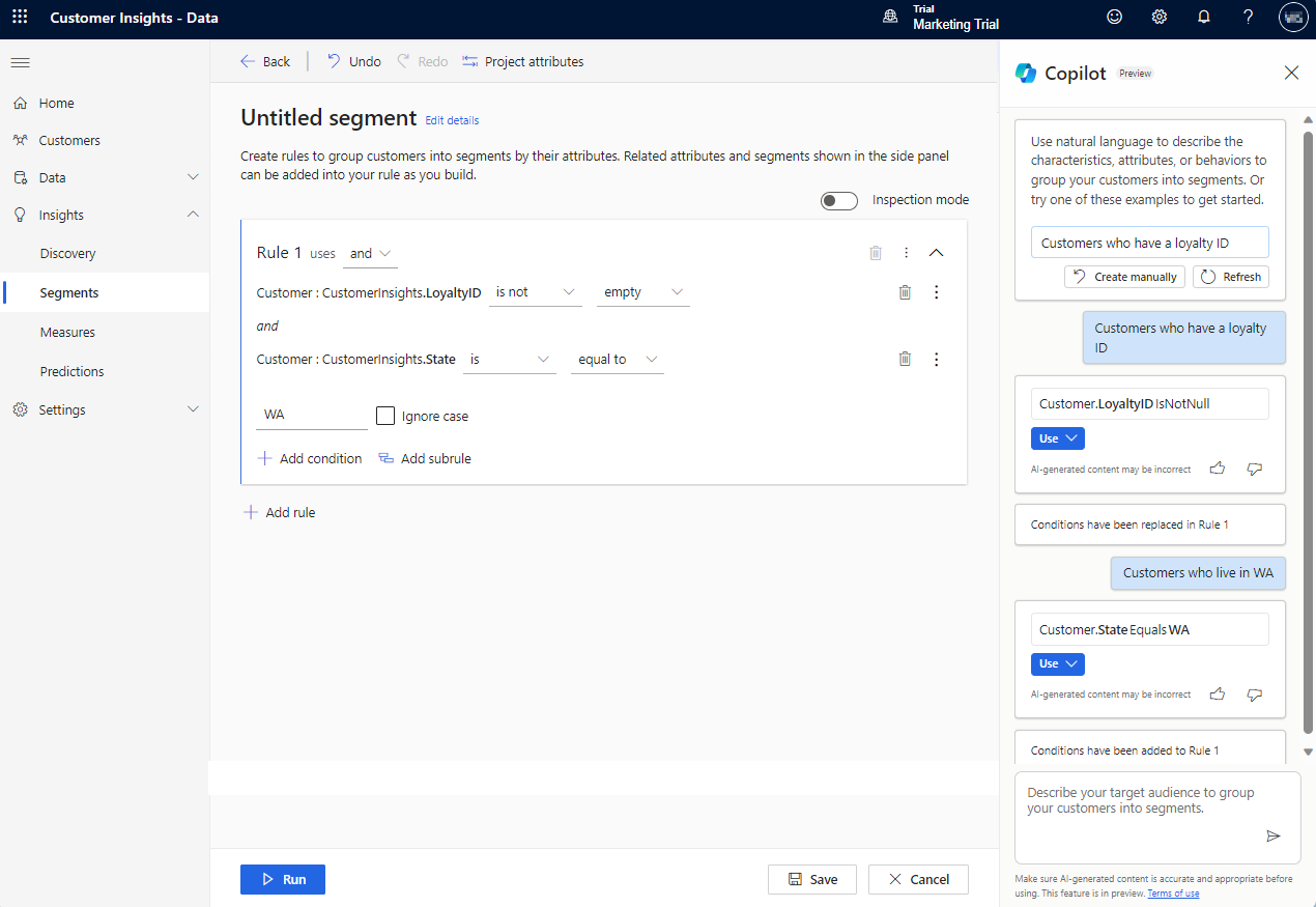 Customer Insights - Veriler'da Copilot tarafından oluşturulan bir segment kuralının ekran görüntüsü.