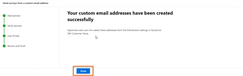 Customer Voice'a eklenen özel e-posta adresi.