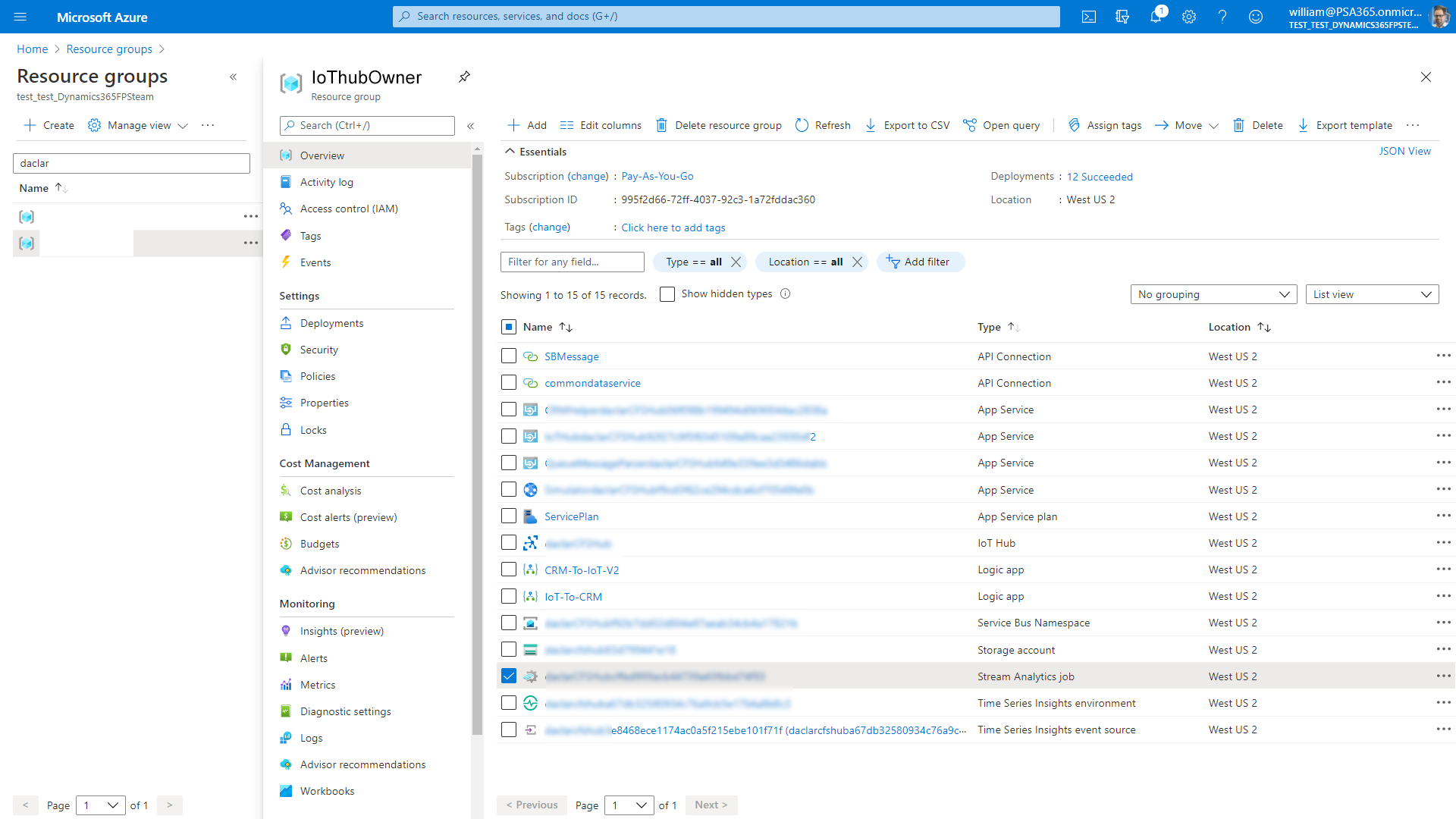 Connected Field Service IoT uyarı akışı analizlerini gösteren Microsoft Azure ekran görüntüsü.