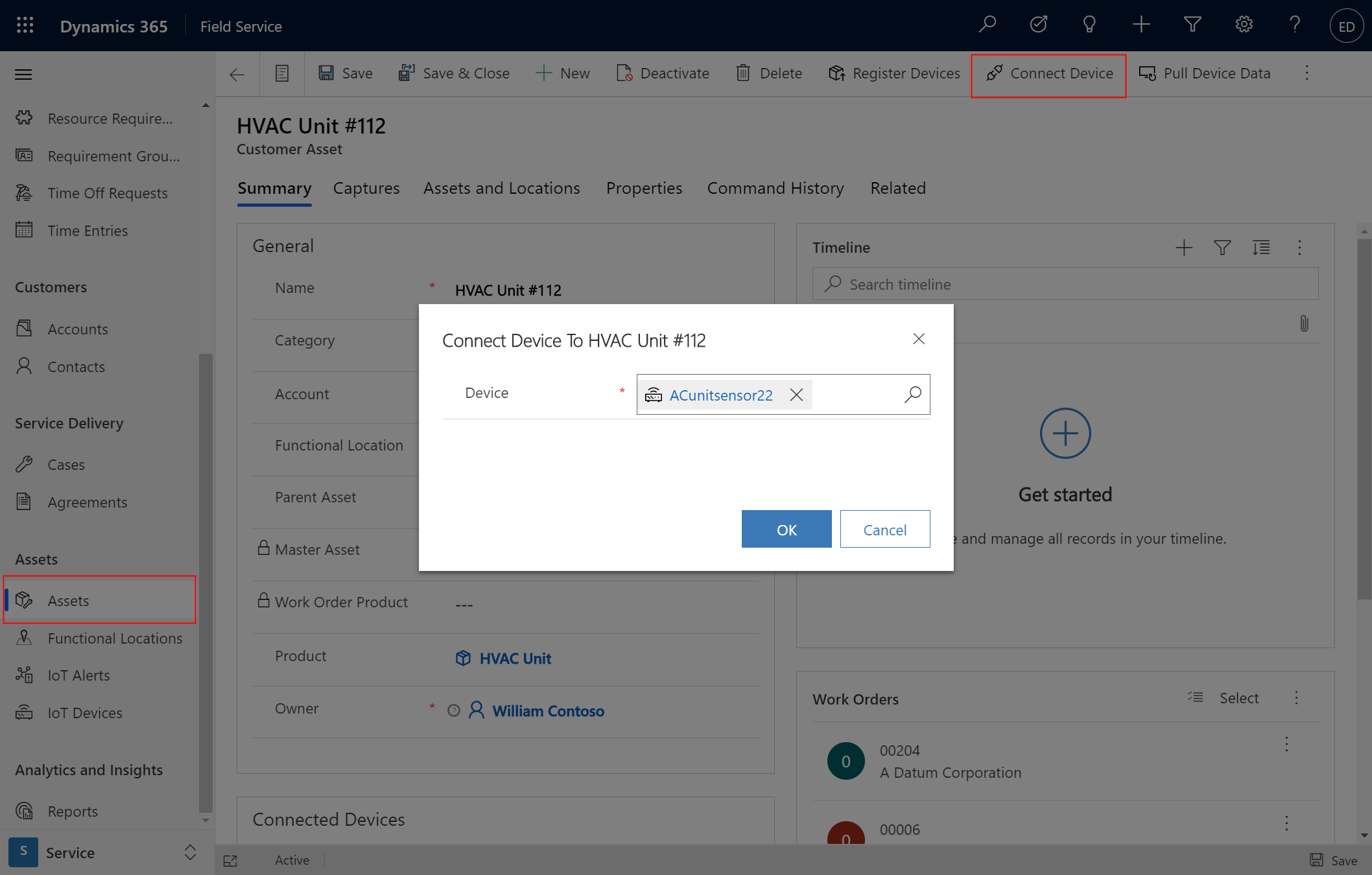 Field Service'te bir varlık kaydında cihazı bağla iletişim kutusunun ekran görüntüsü.