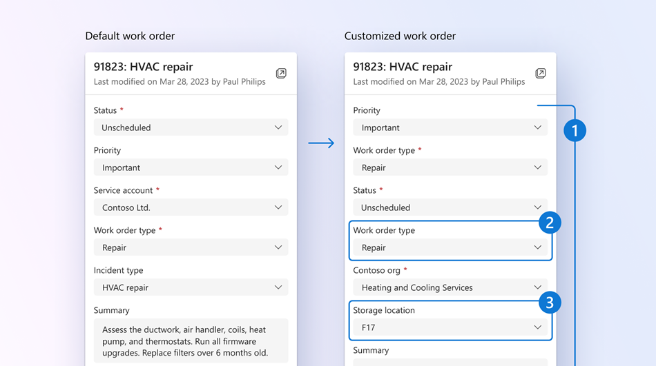 Field Service Outlook ve Teams'te özelleştirilmiş iş emri formu örneği