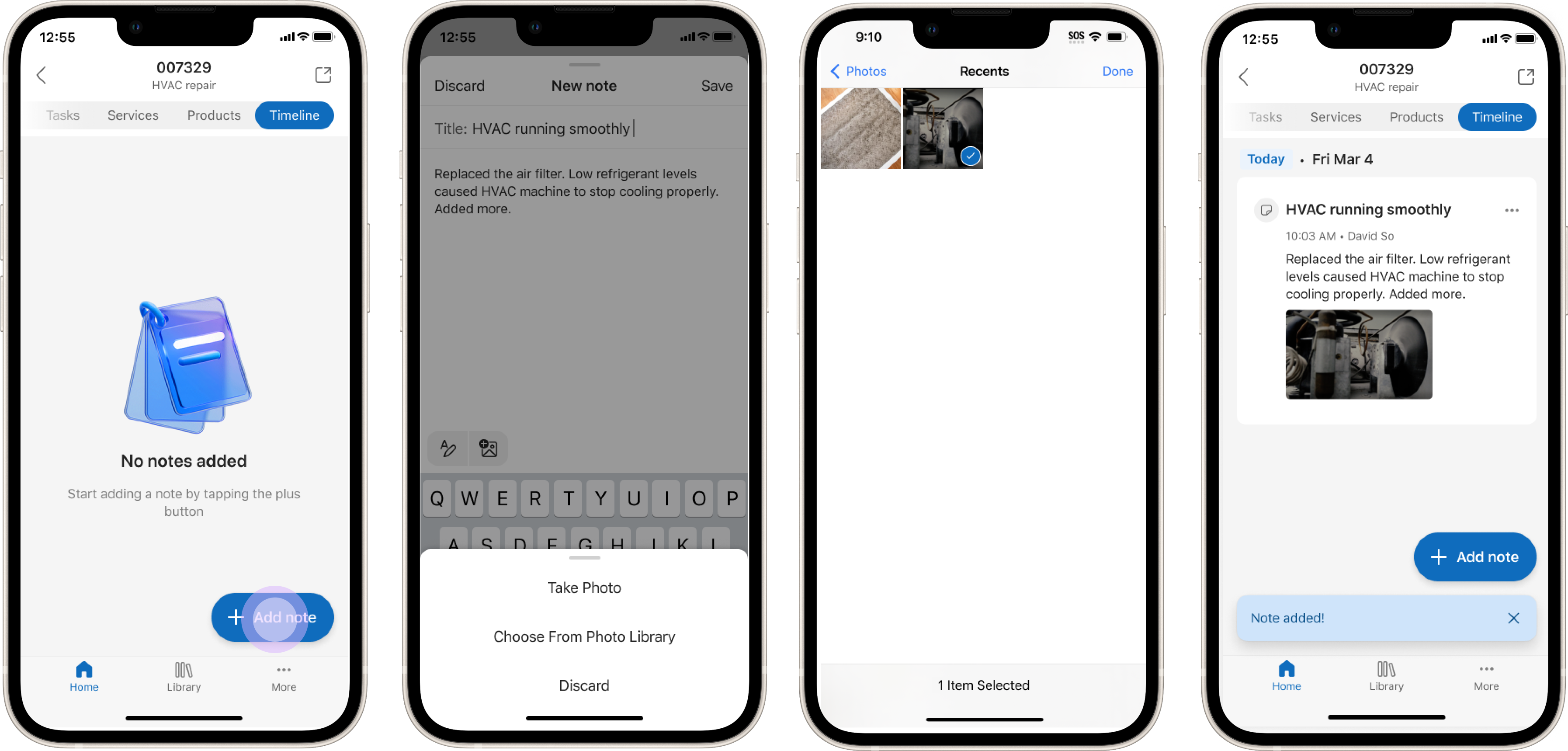 Field Service mobil uygulamasında bir fotoğraf ile not ekleme işlemini gösteren dört mobil cihazın işlemeleri.
