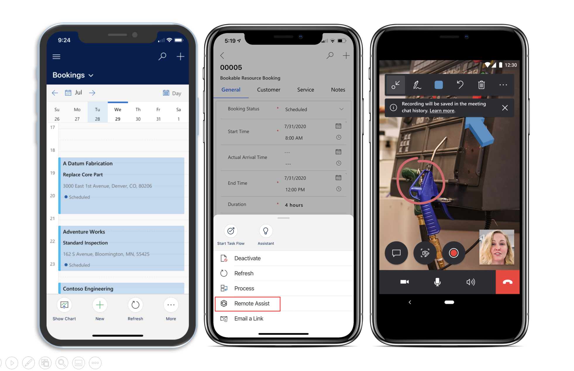 Field Service mobil uygulamasını ve Dynamics 365 Remote Assist'i başlatma seçeneğini ortaya çıkaran iş akışını gösteren dört mobil cihazın ekran görüntüsü.