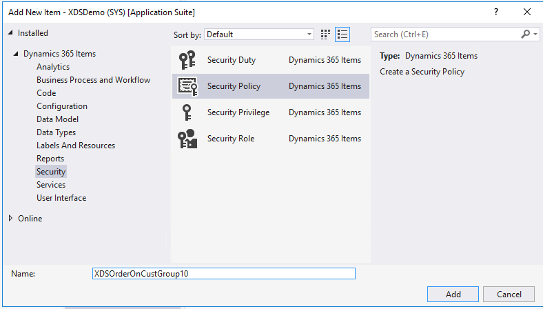 Screenshot of adding a security policy.