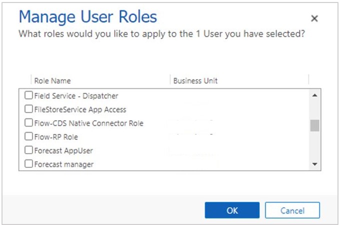 Screenshot of Manage User Roles dialog box with roles cleared.