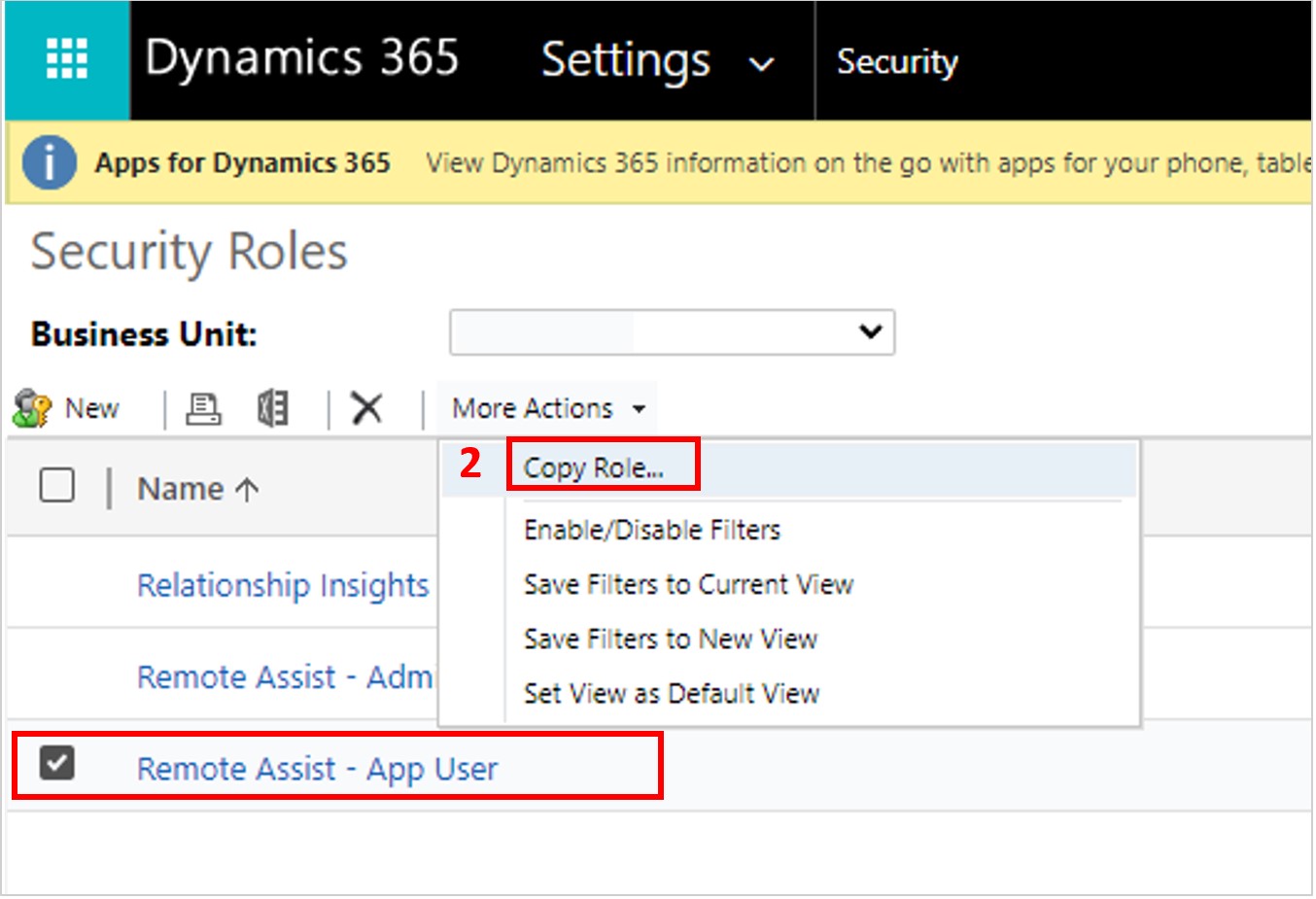 Screenshot of Remote Assist - App User role and Copy Role command highlighted.