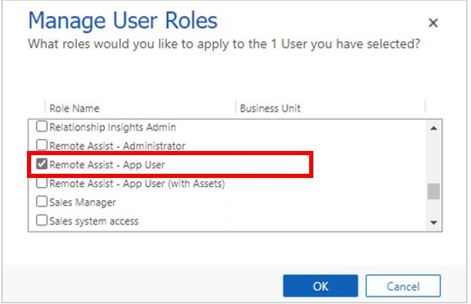 Screenshot of Manage User Roles dialog box with Remote Assist - App User role highlighted.