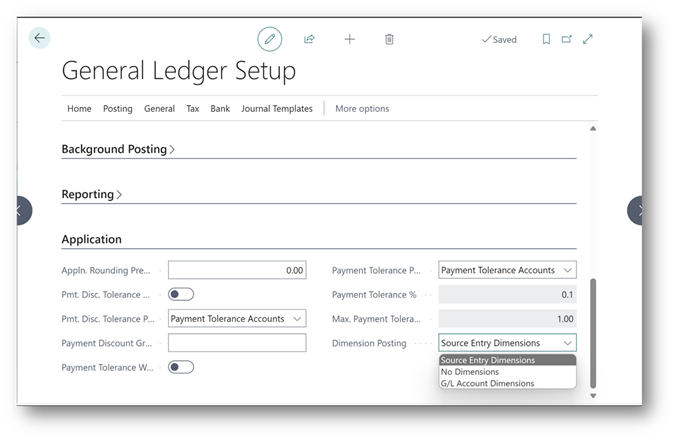 You can control dimensions on entries posted during applications in the General Ledger Setup page.