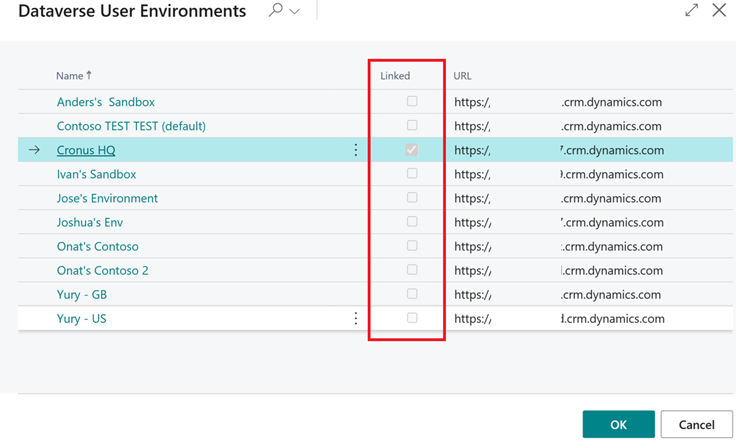 Shows new Linked toggle column in available Dataverse User Environments