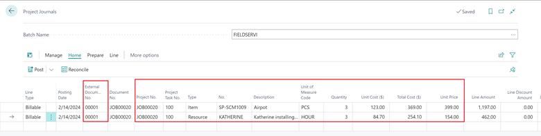 Shows Project Journal with data from used products and services from work order