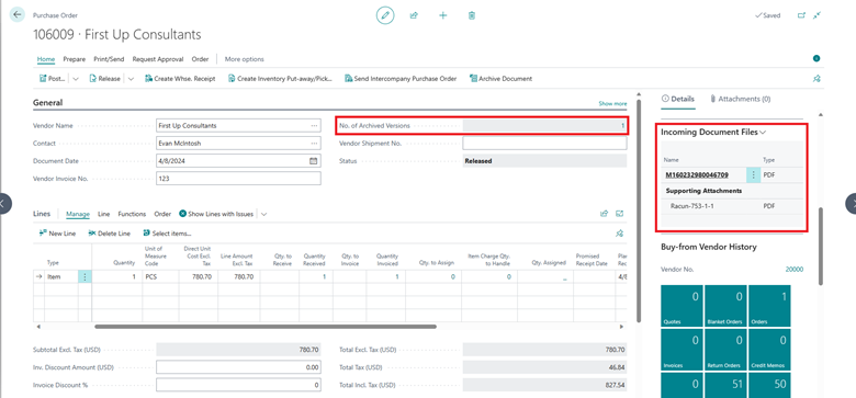 Shows purchase order with No. of Archived Versions field and Incoming Document FactBox highlighted