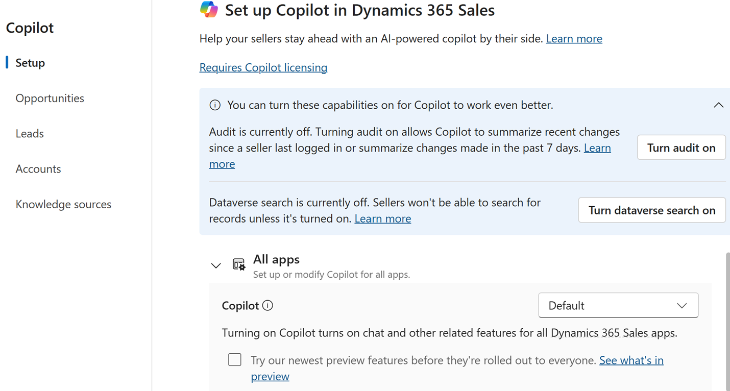 Dynamics 365 Sales Hub'daki Copilot ayarları sayfasının ekran görüntüsü.