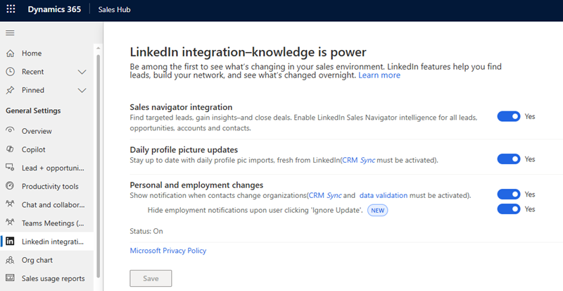 LinkedIn Sales Navigation seçeneklerini etkinleştirme ekran görüntüsü.