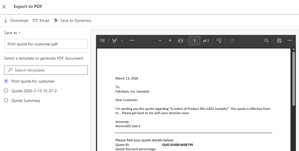 PDF'ye Aktar iletişim kutusunun ekran görüntüsü.