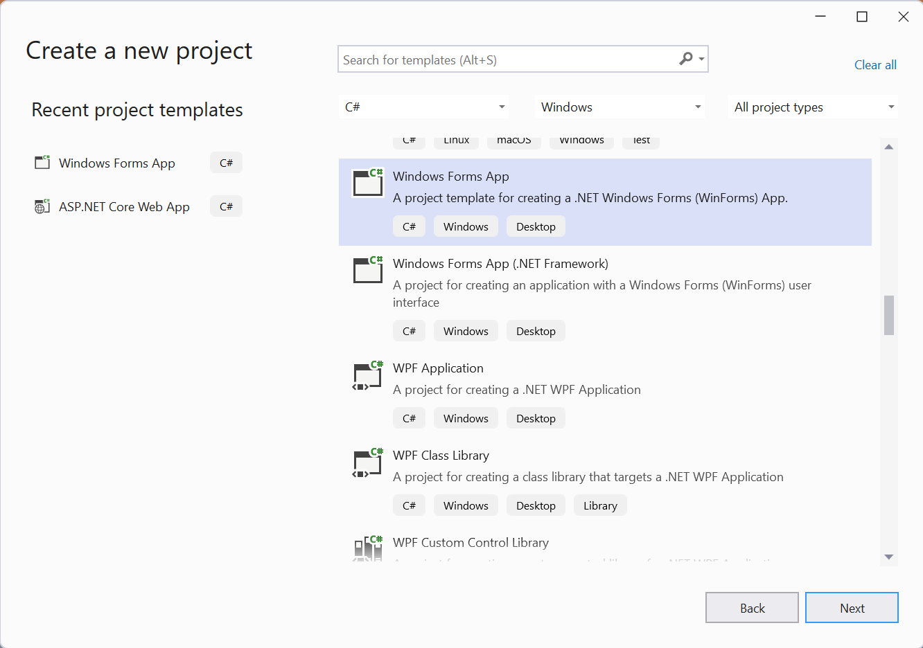 Yeni bir Windows Forms projesi oluşturma