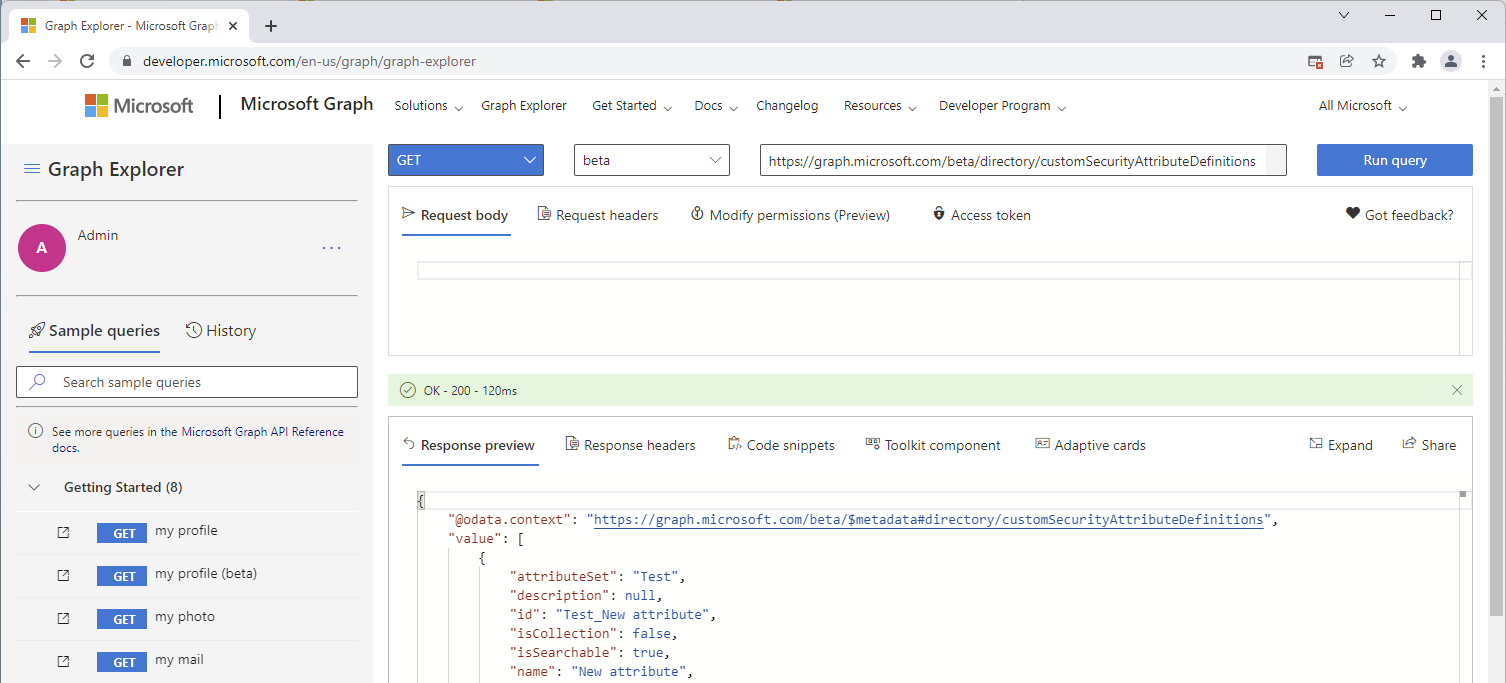 Özel güvenlik öznitelikleri için Microsoft Graph API çağrısını gösteren ekran görüntüsü.