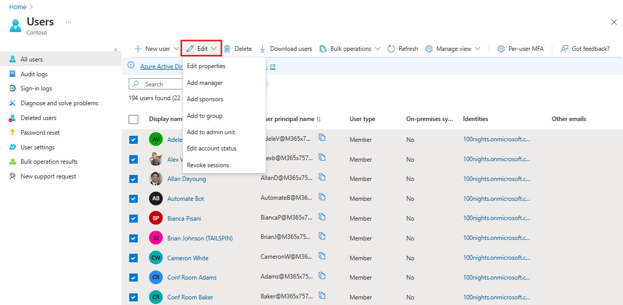 Microsoft Entra yönetim merkezindeki birden çok kullanıcı ayarları seçeneğinin ekran görüntüsü.