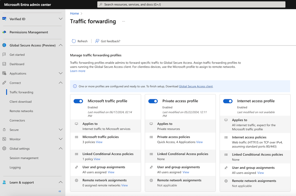 Microsoft erişim profilinin etkinleştirildiği trafik iletme sayfasının ekran görüntüsü.