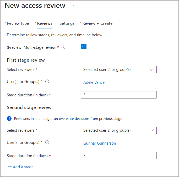 Screenshot that shows multi-stage review enabled and multi-stage review settings.