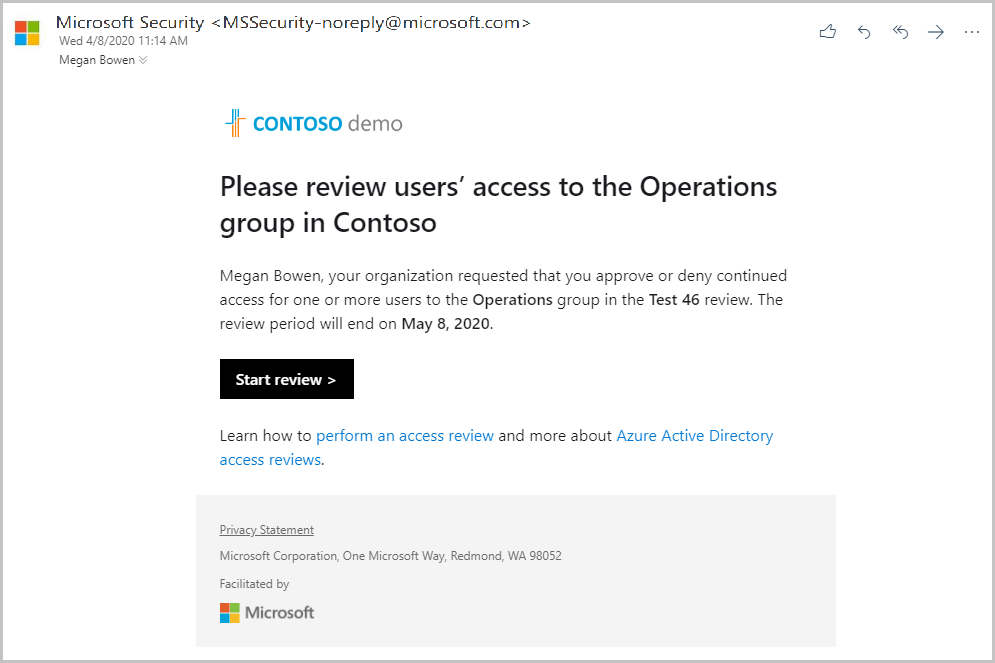 Bir gruba erişimi gözden geçirmek için Microsoft'tan gelen örnek e-postanın ekran görüntüsü.