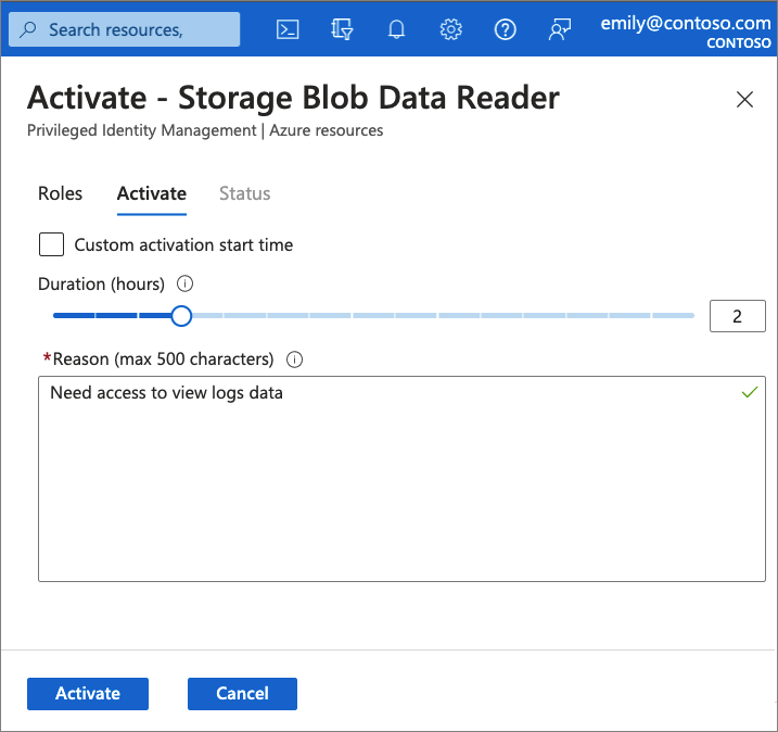 Privileged Identity Management rol etkinleştirme işleminin ekran görüntüsü.