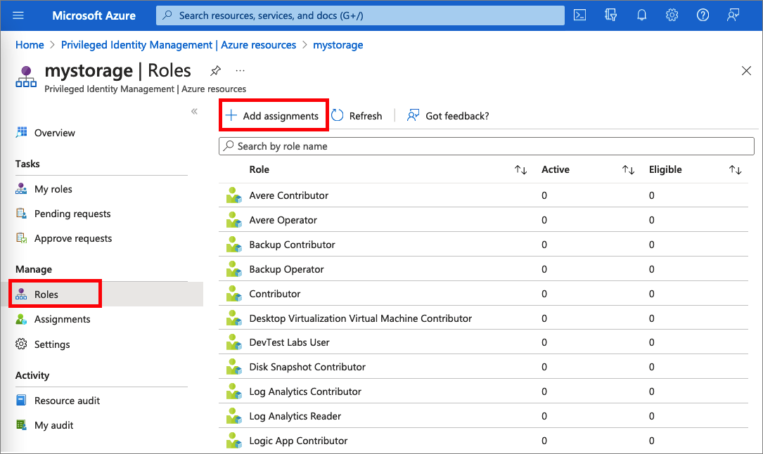 Azure kaynakları rollerinin ekran görüntüsü.