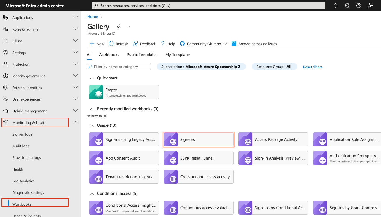 Oturum açma çalışma kitabını vurgulayan Microsoft Entra yönetim merkezi çalışma kitapları arabiriminin ekran görüntüsü.