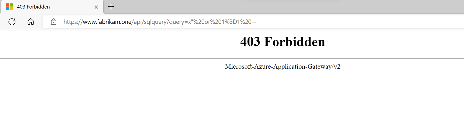 Tarayıcı, WAF tarafından SQL enjeksiyonu girişimini engelleyen HTTP 403 Yasak hatasını gösteriyor.