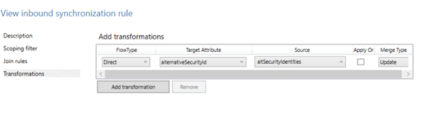 altSecurityId varlıklarından alternateSecurityId özniteliğine dönüştürmenin ekran görüntüsü.