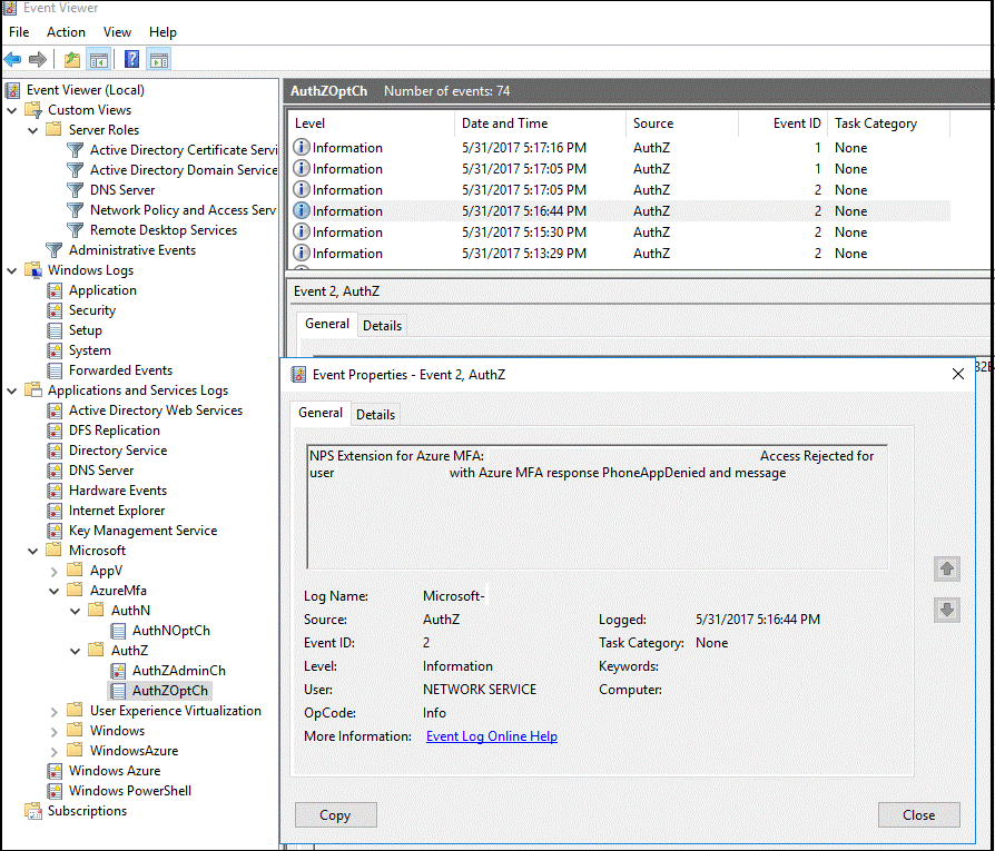 Olay Görüntüleyicisi'da örnek Microsoft Entra çok faktörlü kimlik doğrulama günlüğü