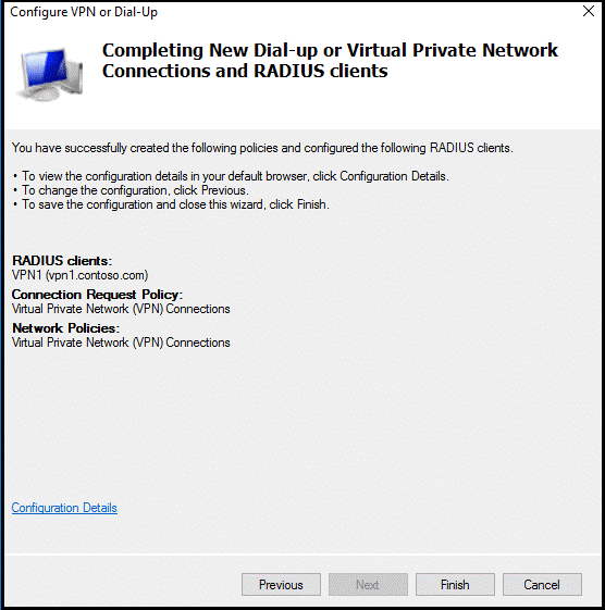 Tamamlanan yapılandırma penceresi