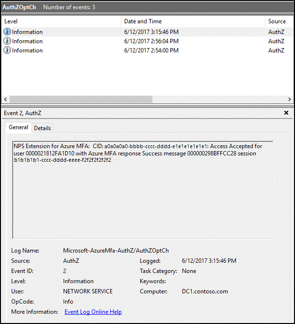 Örnek Olay Görüntüleyicisi Kimlik Doğrulama günlükleri bölmesi