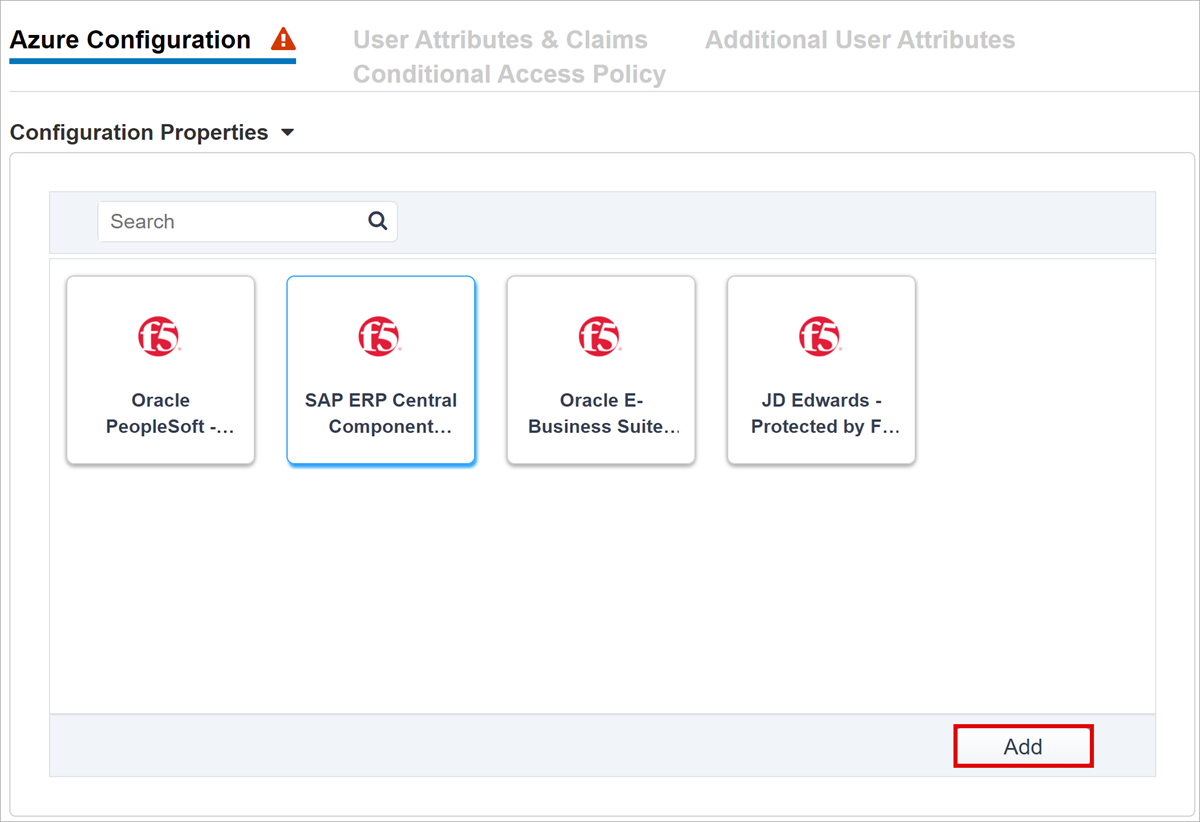 Azure Yapılandırması'nda SAP ERP Central Bileşeni seçeneğinin ve Ekle düğmesinin ekran görüntüsü.