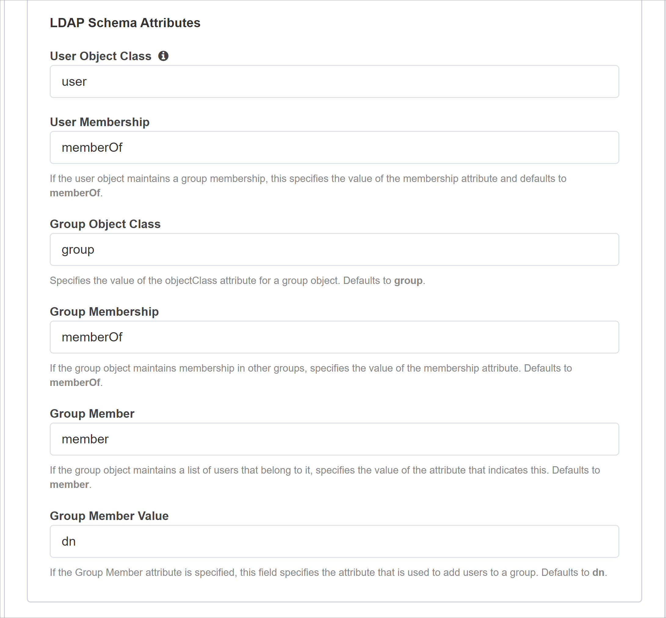 LDAP şema öznitelikleri için ekran görüntüsü